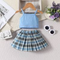Little girl's summer new waffle plaid pleated skirt set two-piece suit  Blue