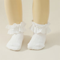Calcetines de niña de puro algodón con volantes en color liso  Blanco