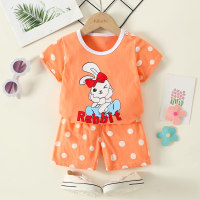 2-piece Toddler Girl Pure Cotton Letter and Rabbit Printed Short Sleeve T-shirt & Polka Dotted Shorts  Orange