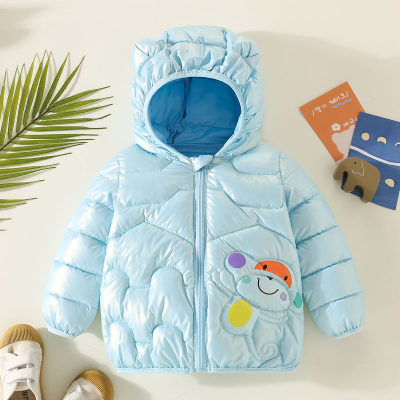 Toddler Boy Solid Color Cartoon Printed Hooded Zip-up Cotton-padded Coat