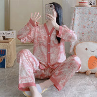 Conjunto de pijama feminino com estampa de seda gelada de 2 peças  Rosa