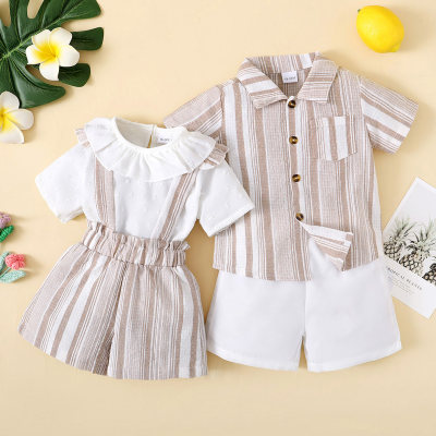 Brother and Sister Solid Color Lapel Short Sleeve T-shirt & Striped Suspender Shorts & Striped Short Sleeve Shirt & Shorts