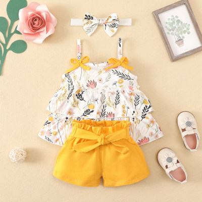 3-piece Baby Girl Allover Floral Pattern Ruffled Cami Top & Solid Color Bowknot Decor Shorts & Matching Headwrap