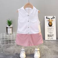 Summer children's clothing baby girl suit sleeveless shirt girl stand collar two-piece suit girl clothing  White