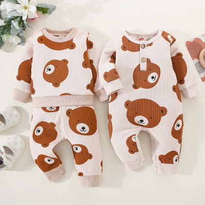 Brother and Sister Allover Bear Pattern Long Sleeve Top & Pants & Long-sleeved Long-leg Romper