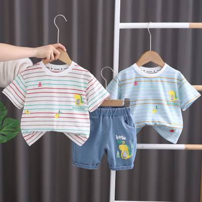 Summer new boy suit children's casual striped short-sleeved cartoon dinosaur denim shorts baby two-piece suit trendy