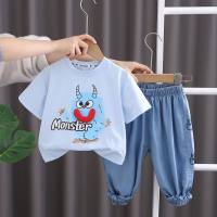 Summer new children's short-sleeved suits fashionable cartoon monster T-shirts boys' casual denim pants two-piece suit  Blue
