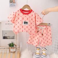 New summer style for small and medium children, comfortable and fashionable, full-print diamond-shaped rabbit short-sleeved suits for boys and girls, summer short-sleeved suits  Pink
