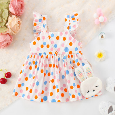 Vestido de 2 peças para bebê menina com poá pontilhado decote quadrado manga mosca e bolsa estilo coelhinha combinando
