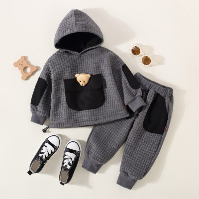 Toddler Bear Printed Plaid Color Block Hooded Sweater & Pants