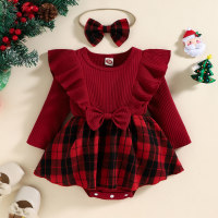Baby Girl Christmas Ruffled Plaid Patchwork Long Sleeve Romper  Red