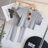 Internet celebrity children's clothing 2023 summer girls' suit Korean style casual soft baby girl short-sleeved T-shirt top two-piece set  Gray