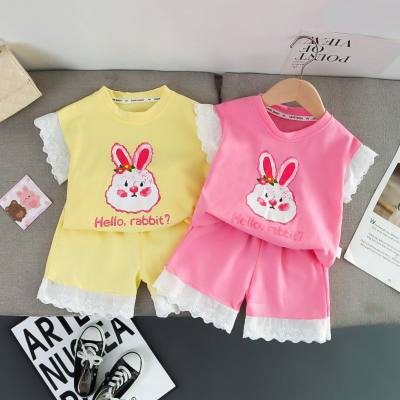 Summer new arrivals for small and medium children, cute street-style flower bunny head lace short-sleeved shorts suit, cute girls summer suit