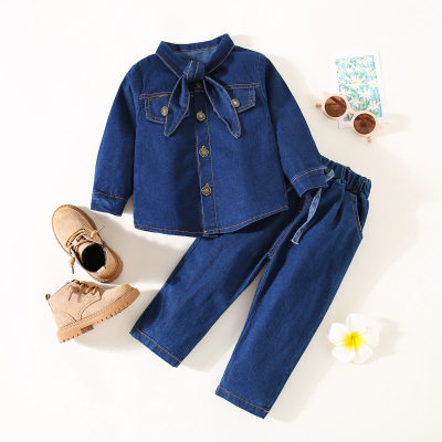 2-piece Toddler Girl Solid Color Bowknot Collar Button-up Denim Shirt & Elasticized Denim Pants