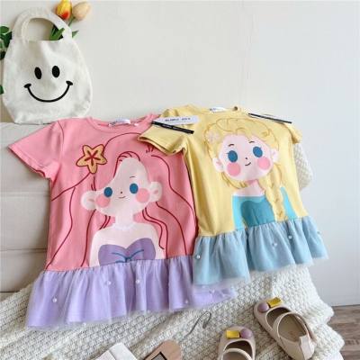 Girls spliced mesh dress 2023 summer mid-length skirt Korean version cute cartoon princess series ruffle skirt