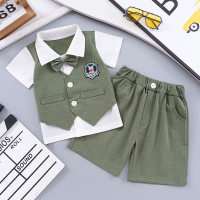 Boys' lapel cartoon college style two-piece summer thin short-sleeved suit  Green