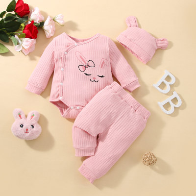 3-piece Baby Girl Solid Color Rabbit Style Button-up Long Sleeve Romper & Pants & Infant Hat