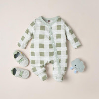 Baby Pure Cotton Plaid Footed Long-sleeved Long-leg Romper  Green