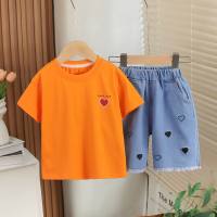 Boys summer suits 2024 new style children's love short-sleeved baby clothes summer trendy two-piece suits  Orange