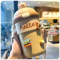 Cartoon strap water cup for girls with large capacity and cute straw cup  Coffee