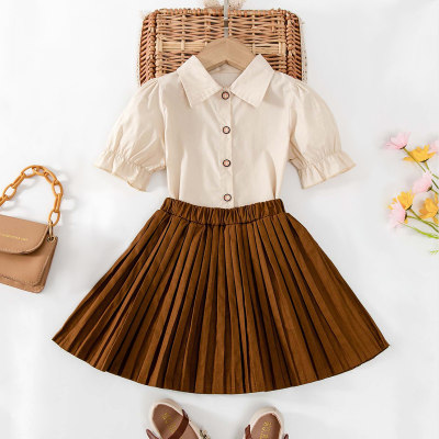 Chemise et jupe plissée Vintage Eleguard de couleur unie pour toute-petite fille