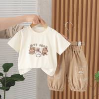 Boys summer suits 2024 new style trendy summer children's clothing handsome short-sleeved cartoon rogue baby two-piece suit  Khaki