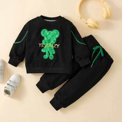 Toddler Letter Cartoon Printed Solid Color Sweater & Pants