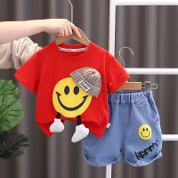 2023 new summer children's clothing boys' short-sleeved shorts suit baby fashionable hooded smiling face children's clothing jeans  Red