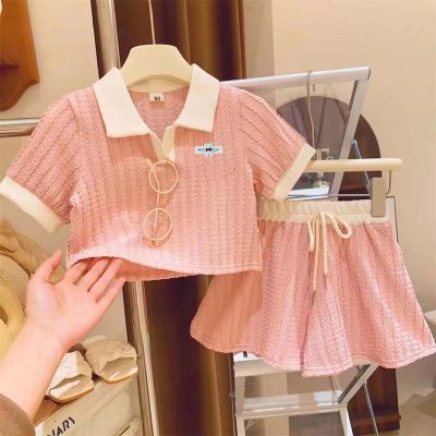 Mädchen Anzug Polo Kragen Bedeckt Kurzarm Bodenbildung Shirt Shorts 2023 Sommer Neue Süße Baby Mädchen Zwei-stück Set