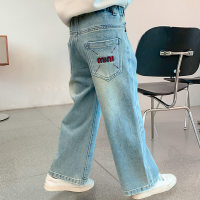 Roupas infantis jeans infantis casuais meninas calças largas soltas calças compridas médias e grandes para crianças  Azul claro