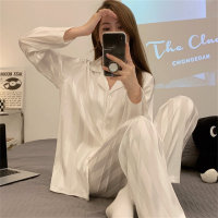 Instagram Pajamas Women's Spring and Autumn Ice Silk Long Sleeves High end New Jacquard Silk Large Home Fury Winter Set  White
