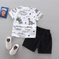 Kinderanzug mit Cartoon-Dinosaurier-Print für Jungen, Rundhals-T-Shirt, kurzärmelige Shorts, Sommerkleidung  Weiß