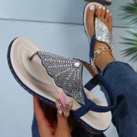 Summer new glass rhinestone woven beach sandals for women large size herringbone women's sandals  Blue