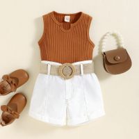 Toddler Girls Solid Color Ribbed Vest & Shorts With Straw Belt  Coffee