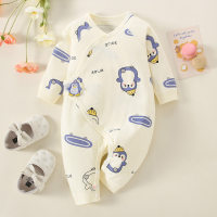 Baby Boy Pure Cotton Allover Cartoon Pattern V-neck Seamless Long-sleeved Long-leg Romper  Deep Blue