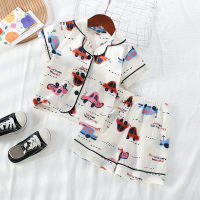 2-piece Toddler Boy Satin Silk Allover Vehicle Printed Short Sleeve Top & Matching Shorts  White