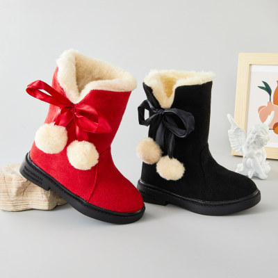 Chaussures de neige avec nœud en fourrure de couleur unie pour petite fille
