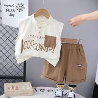 Boys short-sleeved suit summer new casual letter patch pocket vest shorts two-piece suit  Brown