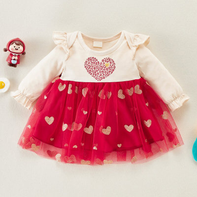 Baby Girl Valentine's Day Ruffle Heart-shaped Mesh Dress Two-piece