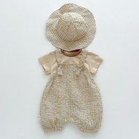 Children's summer plaid overalls suit baby boy and girl round neck T-shirt two-piece set with hat  Light apricot