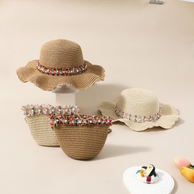 Sombrero de pescador con decoración floral de lino para bebé de 2 piezas y minibolso a juego