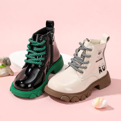 Kid Girl PU Leather Color-block Letter Pattern Lace-up Martin Boots