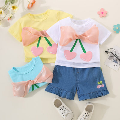 2-piece Toddler Girl Cherry Style Bowknot Decor Short Sleeve Top & Denim Shorts