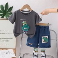 Boys summer suits 2024 new style for little kids boys backpack bear summer clothes children's short-sleeved two-piece suit  Gray