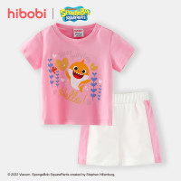 hibobi x Baby Shark Toddler Girls Cute Printing Cotton Contrast Colored Suit  Pink