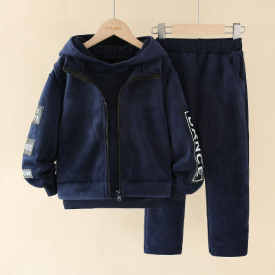 3-piece Kid Boy Solid Color Extra Thick Hoodie & Letter Pattern Jacket & Pants