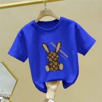 Nueva camiseta de manga corta de verano para niñas, top informal de algodón con dibujos animados que combina con todo  Azul