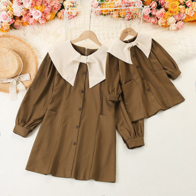 Solid Lapel Collar Dress for Mom and Me