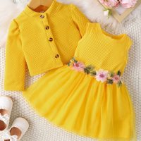 Cross-border INS baby girl spring and autumn style waist flower design vest splicing mesh dress jacket  Yellow