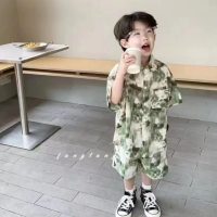 Boys suit summer new 2023 small and medium-sized children's flower shirt shorts two-piece set baby Hong Kong style thin children's clothing  Green